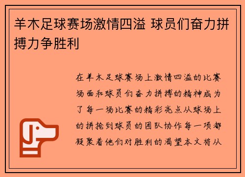 羊木足球赛场激情四溢 球员们奋力拼搏力争胜利