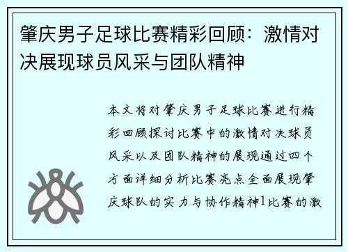 肇庆男子足球比赛精彩回顾：激情对决展现球员风采与团队精神