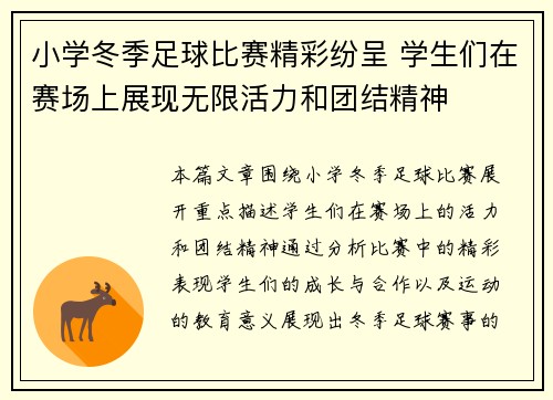 小学冬季足球比赛精彩纷呈 学生们在赛场上展现无限活力和团结精神