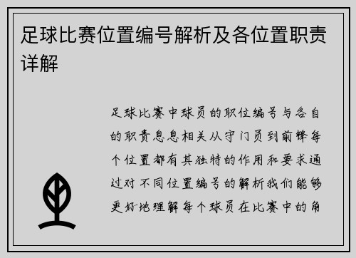 足球比赛位置编号解析及各位置职责详解