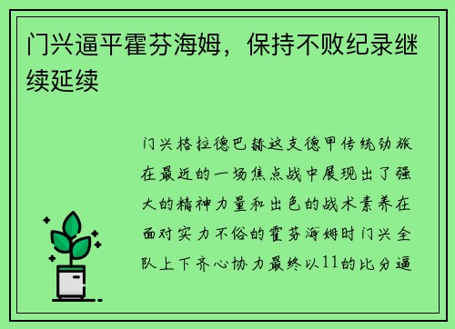 门兴逼平霍芬海姆，保持不败纪录继续延续