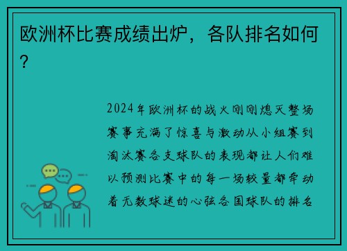 欧洲杯比赛成绩出炉，各队排名如何？