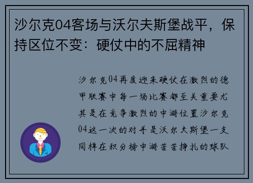 沙尔克04客场与沃尔夫斯堡战平，保持区位不变：硬仗中的不屈精神