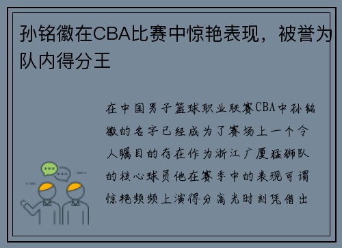 孙铭徽在CBA比赛中惊艳表现，被誉为队内得分王