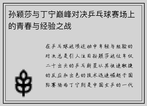 孙颖莎与丁宁巅峰对决乒乓球赛场上的青春与经验之战