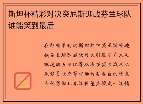 斯坦杯精彩对决突尼斯迎战芬兰球队谁能笑到最后