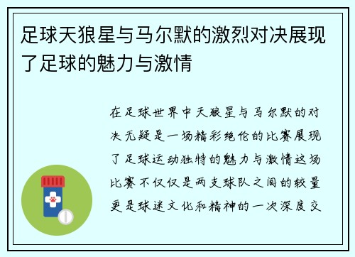 足球天狼星与马尔默的激烈对决展现了足球的魅力与激情