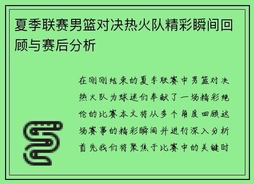 夏季联赛男篮对决热火队精彩瞬间回顾与赛后分析