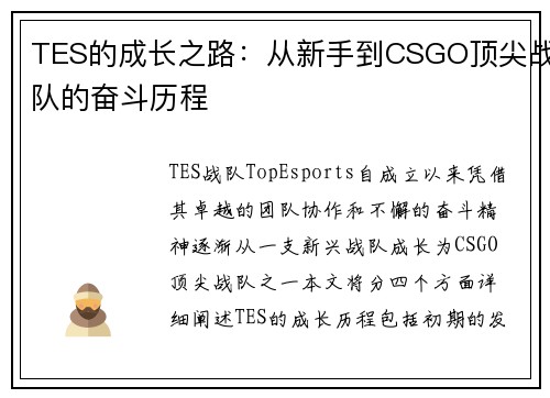 TES的成长之路：从新手到CSGO顶尖战队的奋斗历程