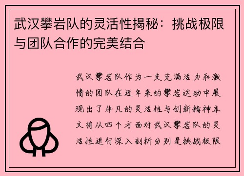 武汉攀岩队的灵活性揭秘：挑战极限与团队合作的完美结合