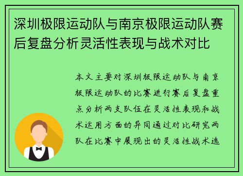 深圳极限运动队与南京极限运动队赛后复盘分析灵活性表现与战术对比